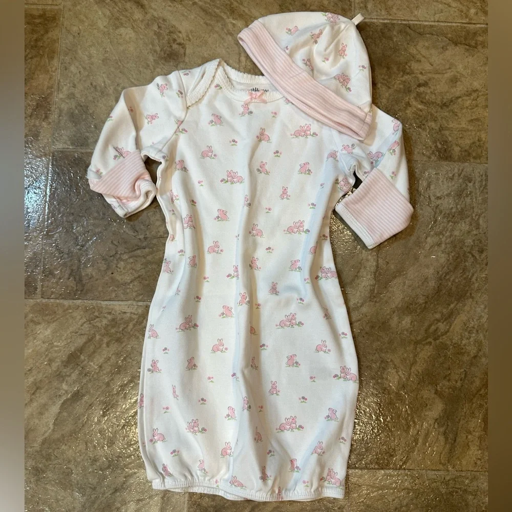 New Little Me Baby Girl 0-3 Months Bunny Sleeper Gown & Hat Matching Outfit
